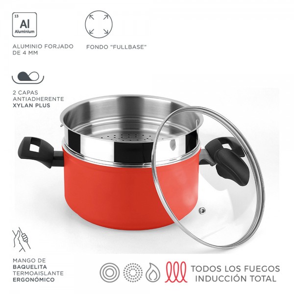 Olla maxima + tapa + steamer roja aluminio ø20 x 10 cm