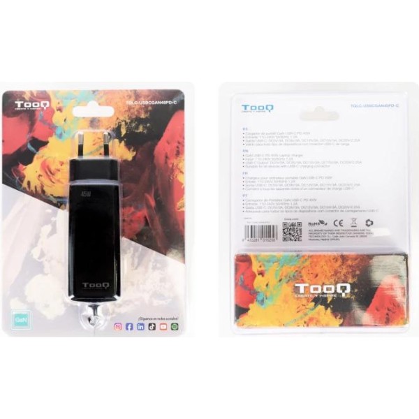 Tooq cargador portátil gan usb-c pd 45w cúbico