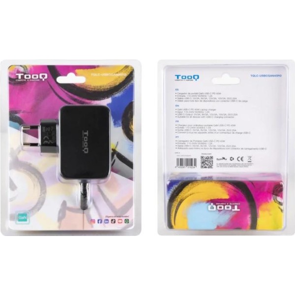 Tooq cargador portátil gan usb-c pd 45w negro