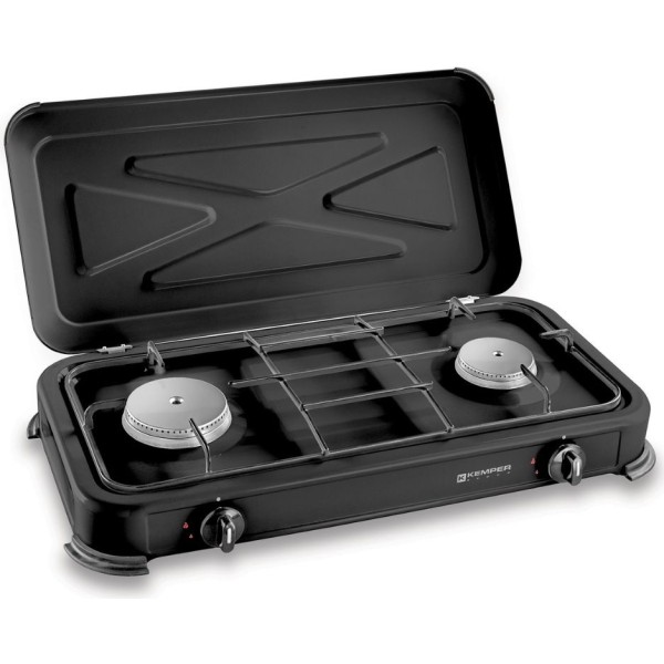 Cocina de gas butano/propano esmaltada 2 quemadores, negra, 570 x 300 x 65 mm